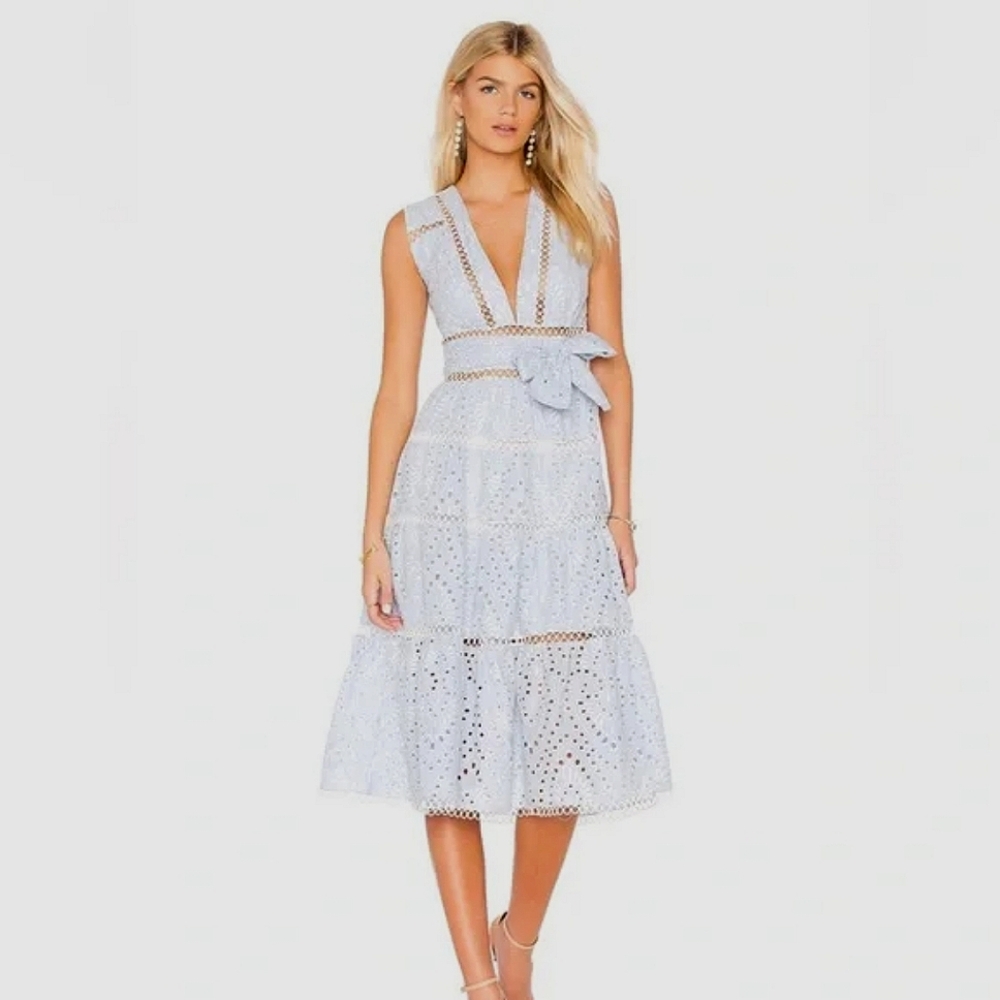 Karina Grimaldi Alba Eyelet Midi Dress Sky Blue Size S Summer Wedding Guest - Picture 2 of 16